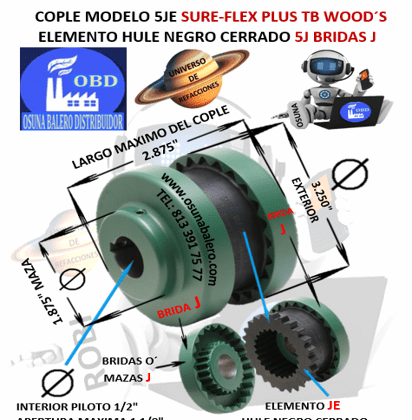 5JE COPLE TB WOOD´S SURE-FLEX CON ELEMENTO HULE NEGRO EXTERIOR 3.250" LARGO 2.875"