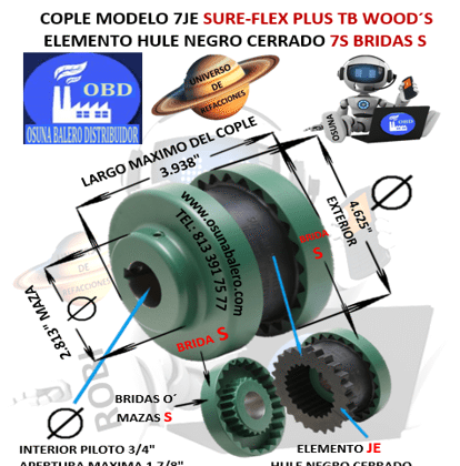7JE COPLE TB WOOD´S SURE-FLEX CON ELEMENTO HULE NEGRO EXTERIOR 4.625" LARGO 3.938"