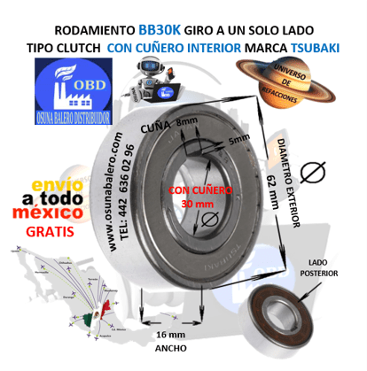 BB30K CLUTCH TSUBAKI FRENO DE BOLAS CON CUÑA INTERIOR FLECHA 30mm EXTERIOR 62mm ANCHO 16mm