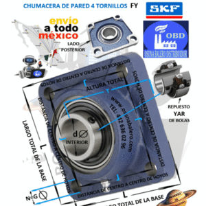 FY 2 15/16 TF CHUMACERA SKF DE PARED 4 TORNILLOS d=2 15/16” J=6.00” L=7.75” T=3.44” G=3/4”