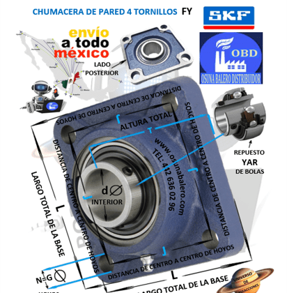 FY 1/2 TF CHUMACERA SKF DE PARED 4 TORNILLOS d=1/2” J=2.13” L=3.00” T=1.20” G=3/8”