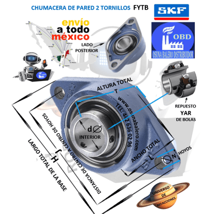 FYTB 5/8 TF CHUMACERA SKF DE PARED 2 TORNILLOS d=5/8” J=3” H=3.88” L=2.13” T=1.20” N=0.44”