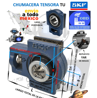 TU 1 TF CHUMACERA SKF TENSORA d=1” H1=2.99”* H=3.58” D1=0.75”* B=1.34” L1=2.52” L=3.94” A1=0.53”*