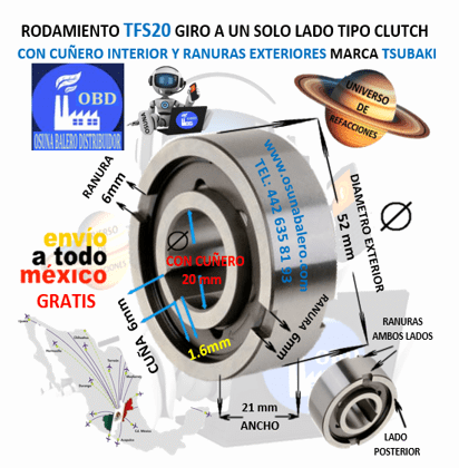 TFS20 TSUBAKI CLUTCH FRENO DE CONTRAVUELTA DE RODILLOS CON CUÑA INTERIOR 20mm