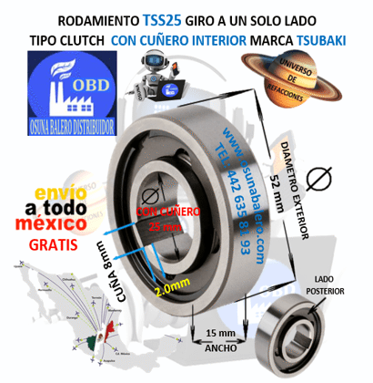 TSS25 TSUBAKI CLUTCH FRENO DE CONTRAVUELTA DE RODILLOS CON CUÑA INTERIOR 25mm