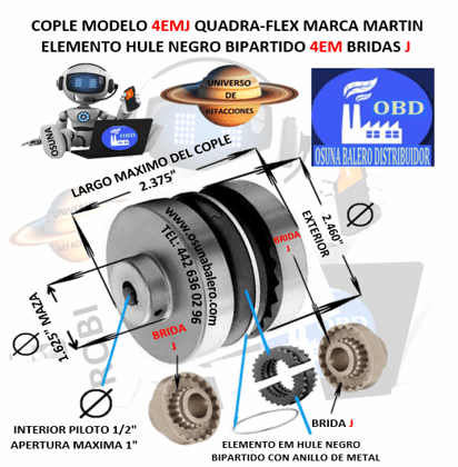4EMJ COPLE MARTIN QUADRA-FLEX NEGRO BIPARTIDO CON ARO RETENDOR EXTERIOR 2.460” LARGO 2.375”