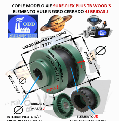 4JE COPLE TB WOOD´S SURE-FLEX CON ELEMENTO HULE NEGRO EXTERIOR 2.500" LARGO 2.375"