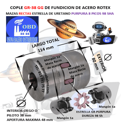 GR-38 COPLE ROTEX ( KTR ) DE FIERRO MAZAS RECTAS (1a) PILOTO CON SPIDER 98ShA PURPURA EXTERIOR 80mm LARGO 114mm