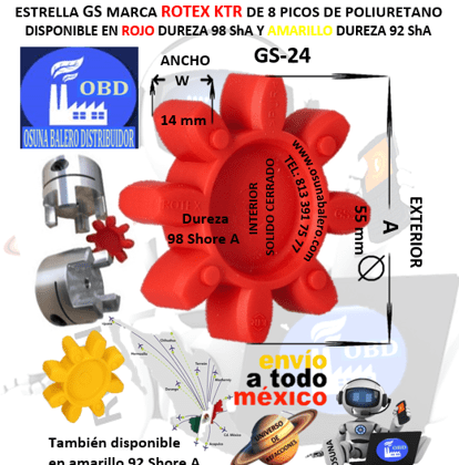 GS-24 SPIDER 98A ROJO ROTEX 8 PUNTAS CURVAS EXTERIOR A=55mm ANCHO W=14mm H=SOLIDO  CENTRO CERRADO