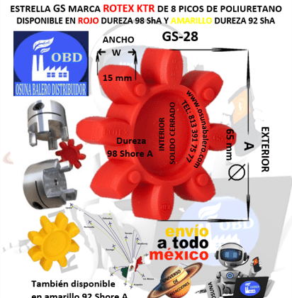 GS-28 SPIDER 98A ROJO ROTEX 8 PUNTAS CURVAS EXTERIOR A=65mm ANCHO W=15mm H=SOLIDO  CENTRO CERRADO