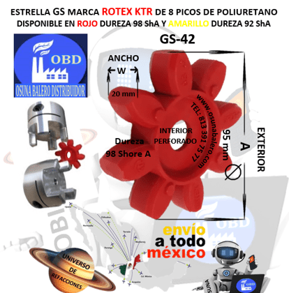 GS-42 SPIDER 98A ROJO ROTEX 8 PUNTAS CURVAS EXTERIOR A=95mm ANCHO W=20mm PERFORADO EN EL INTERIOR