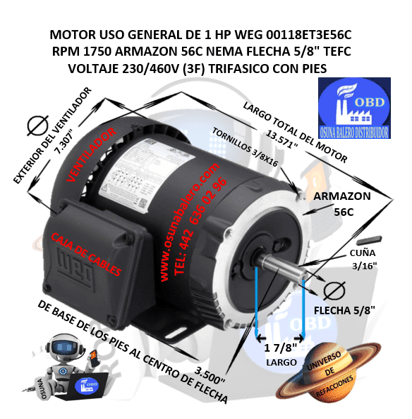 WEG MOTOR 00118ET3E56C 1HP 4P 56C TRIFASICO CON PIES UNIVERSO OSUNA BALERO