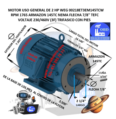 WEG MOTOR 00218ET3EM145TCW 2HP 4P 145TC TRIFASICO CON PIES UNIVERSO OSUNA BALERO