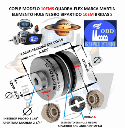 10EMS COPLE MARTIN QUADRA-FLEX NEGRO BIPARTIDO CON ARO RETENDOR EXTERIOR 7.500” LARGO 5.688”