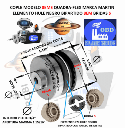 8EMS COPLE MARTIN QUADRA-FLEX NEGRO BIPARTIDO CON ARO RETENDOR EXTERIOR 5.450” LARGO 4.438”