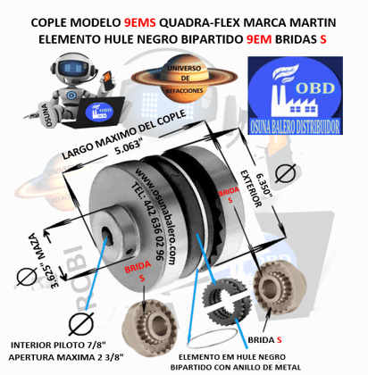 9EMS COPLE MARTIN QUADRA-FLEX NEGRO BIPARTIDO CON ARO RETENDOR EXTERIOR 6.350” LARGO 5.063”