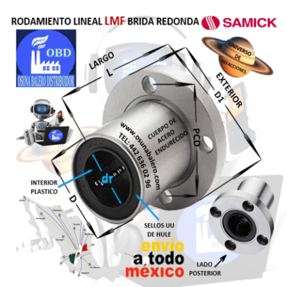 LMF10UU CHUMACERA SAMICK LINEAL BRIDA REDONDA dr=10mm D=19mm L=29mm D1=40mm PCD=29mm