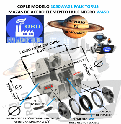 1050WA21 COPLE FALK TORUS CON ELEMENTO HULE NEGRO 50WA EXTERIOR 7.56” LARGO 5”