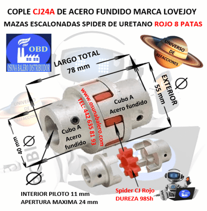 CJ24A COPLE LOVEJOY DE FIERRO MAZAS ESCALONADAS EXTERIOR 55mm LARGO 78mm SPIDER CJ24 DUREZA 98A ROJO NO. PARTE 68514476360