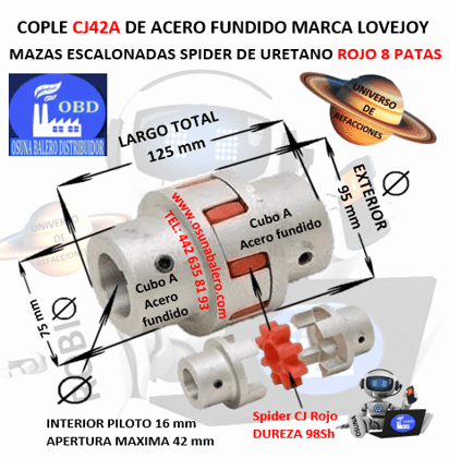 CJ42A COPLE LOVEJOY DE FIERRO MAZAS ESCALONADAS EXTERIOR 95mm LARGO 125mm SPIDER CJ42 DUREZA 98A ROJO NO. PARTE 68514462414