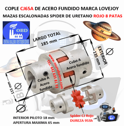 CJ65A COPLE LOVEJOY DE FIERRO MAZAS ESCALONADAS EXTERIOR 135mm LARGO 185mm SPIDER CJ65 95A ROJO NO. PARTE 68514462417