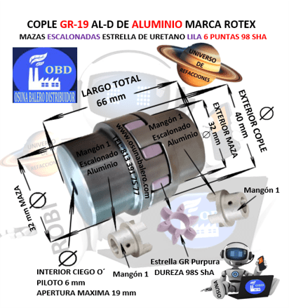 GR-19 AL-D COPLE ROTEX DE ALUMINIO MAZA ESCALONADA UNIVERSO OSUNA BALERO