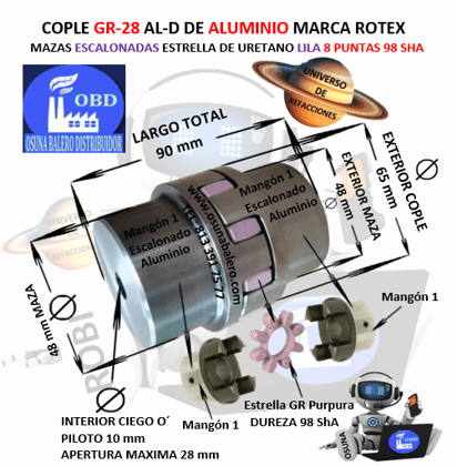 GR-28 AL-D COPLE ROTEX ( KTR ) DE ALUMINO  MAZAS ESCALONADAS (1) PILOTO CON SPIDER 98ShA PURPURA EXTERIOR 65mm LARGO 90mm