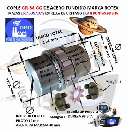 GR-38 COPLE ROTEX ( KTR ) DE FIERRO (GG) MAZAS ESCALONADAS (1) PILOTO CON SPIDER 98ShA PURPURA EXTERIOR 80mm LARGO 114mm