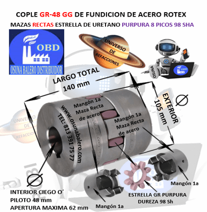GR-48 COPLE ROTEX ( KTR ) DE FIERRO (GG) MAZAS RECTAS (1a) PILOTO CON SPIDER 98ShA PURPURA EXTERIOR 105mm LARGO 140mm