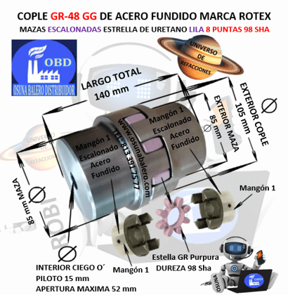 GR-48 COPLE ROTEX ( KTR ) DE FIERRO (GG) MAZAS ESCALONADAS (1) PILOTO CON SPIDER 98ShA PURPURA EXTERIOR 105mm LARGO 140mm