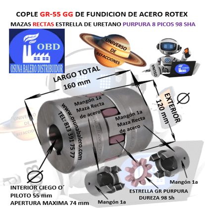 GR-55 COPLE ROTEX ( KTR ) DE FIERRO (GG) MAZAS RECTAS (1a) PILOTO CON SPIDER 98ShA PURPURA EXTERIOR 120mm LARGO 160mm
