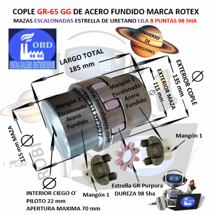 GR-65 COPLE ROTEX ( KTR ) DE FIERRO (GG) MAZAS ESCALONADAS (1) PILOTO CON SPIDER 98ShA PURPURA EXTERIOR 135mm LARGO =185mm