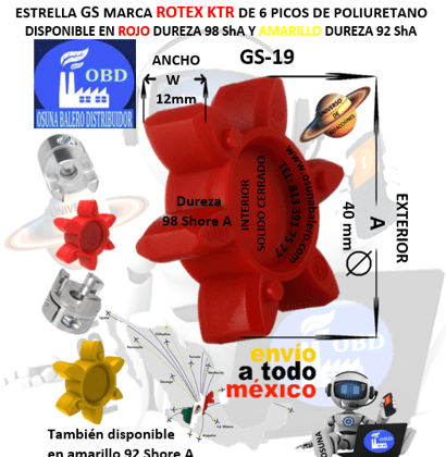 GS-19 SPIDER 98A ROJO ROTEX 6 PUNTAS CURVAS EXTERIOR A=40mm ANCHO W=12mm H= SOLIDO  CENTRO CERRADO