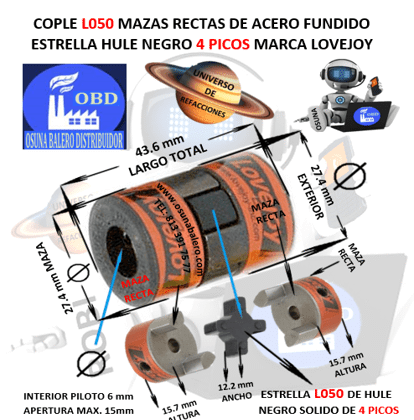L050 COPLE LOVEJOY TIPO L DE ACERO BARRENO PILOTO 1/4"*  EXTERIOR 27.4mm LARGO 43.6mm