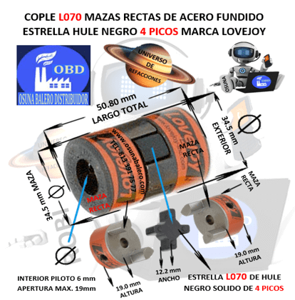 L070 COPLE LOVEJOY TIPO L DE ACERO BARRENO PILOTO 1/4"* EXTERIOR 34.5mm LARGO 50.8mm