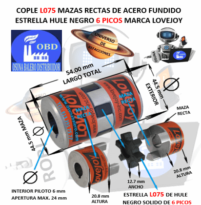 L075 COPLE LOVEJOY TIPO L DE ACERO BARRENO PILOTO 1/4"* EXTERIOR 44.5mm LARGO 54mm