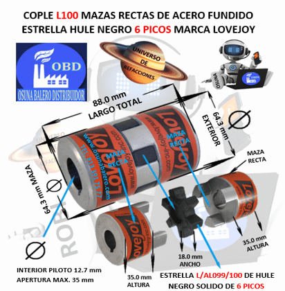L100 COPLE LOVEJOY TIPO L DE ACERO BARRENO PILOTO 7/16"* EXTERIOR 64.3mm LARGO 88mm