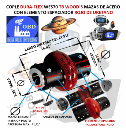 WES70 COPLE CON ELEMENTO ESPACIADOR FLEXIBLE ROJO MARCA TB Wood´s EXTERIOR 14.00” LARGO 16.81”