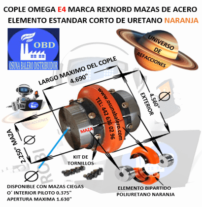 E4 COPLE OMEGA REXNORD BARRENO PILOTO EXTERIOR 4 9/16” LARGO 4 11/16”