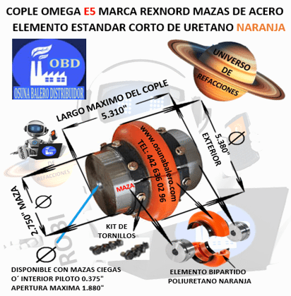 E5 COPLE OMEGA REXNORD BARRENO PILOTO EXTERIOR 5 3/8” LARGO 5 5/16”