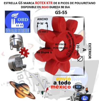 GS-55 SPIDER 98A ROJO ROTEX 8 PUNTAS CURVAS EXTERIOR A=105mm ANCHO W=21mm PERFORADO EN EL INTERIOR