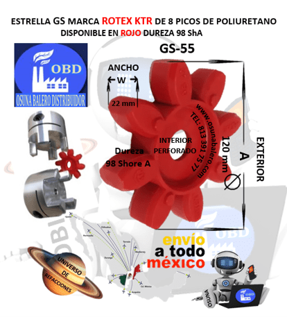 GS-55 SPIDER 98A ROJO ROTEX 8 PUNTAS CURVAS EXTERIOR A=105mm ANCHO W=21mm PERFORADO EN EL INTERIOR