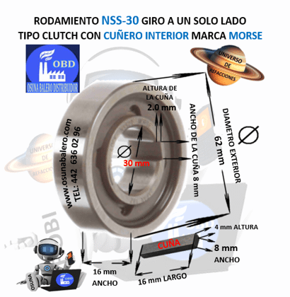 NSS-30 MORSE CLUTCH FRENO DE CONTRAVUELTA CON CUÑA INTERIOR =30mm EXTERIOR =62mm ANCHO =16mm