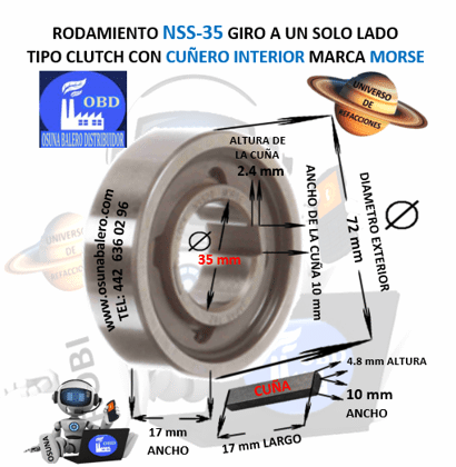 NSS-35 MORSE CLUTCH FRENO DE CONTRAVUELTA CON CUÑA INTERIOR =35mm EXTERIOR =72mm ANCHO =17mm