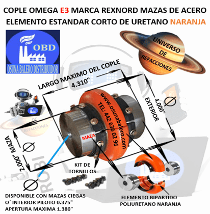 E3 COPLE OMEGA REXNORD BARRENO PILOTO EXTERIOR 4 ” LARGO 4 5/16”
