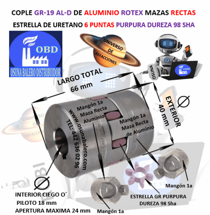 GR-19 AL-D COPLE ROTEX DE ALUMINIO MAZAS RECTAS 1a EXTERIOR 40mm LARGO 66mm ESTRELLA PURPURA GR-19 DUREZA 98SHA