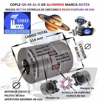 GR-38 AL-D COPLE ROTEX ( KTR ) DE ALUMINIO MAZAS RECTAS (1a) PILOTO CON SPIDER 98ShA PURPURA EXTERIOR 80mm LARGO 114mm