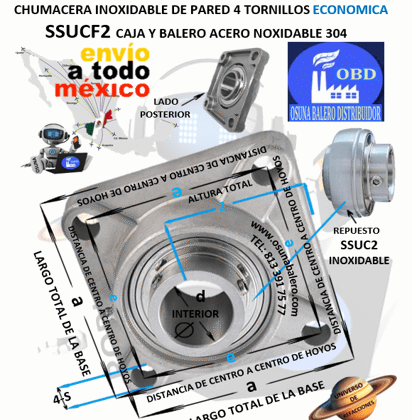 SSUCF205 CHUMACERA ECONOMICA INOXIDABLE 304 DE PARED 4 TORNILLOS INTERIOR d=25mm e=2 3/4” a=3 3/4” z=1 13/32”