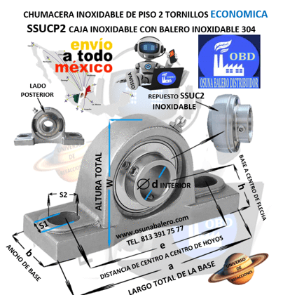 SSUCP205 CHUMACERA ECONOMICA INOXIDABLE 304 DE PISO INTERIOR d=25mm h=1 7/16” e=4 1/8” a=5 1/2” b=1 1/2”