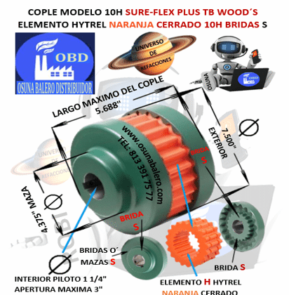10H COPLE TB WOOD´S SURE-FLEX HYTREL NARANJA CERRADO EXTERIOR 7.500” LARGO 5.688”